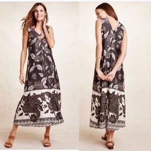 Anthropologie Floreat Maxi Dress Grey and White Leaf Print Size M